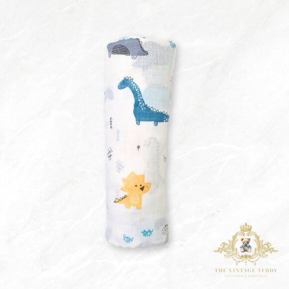 NWT Cute Baby Swaddling Receiving Blanket Bamboo Cotton Muslin Baby Dinosaurs - Picture 1 of 2
